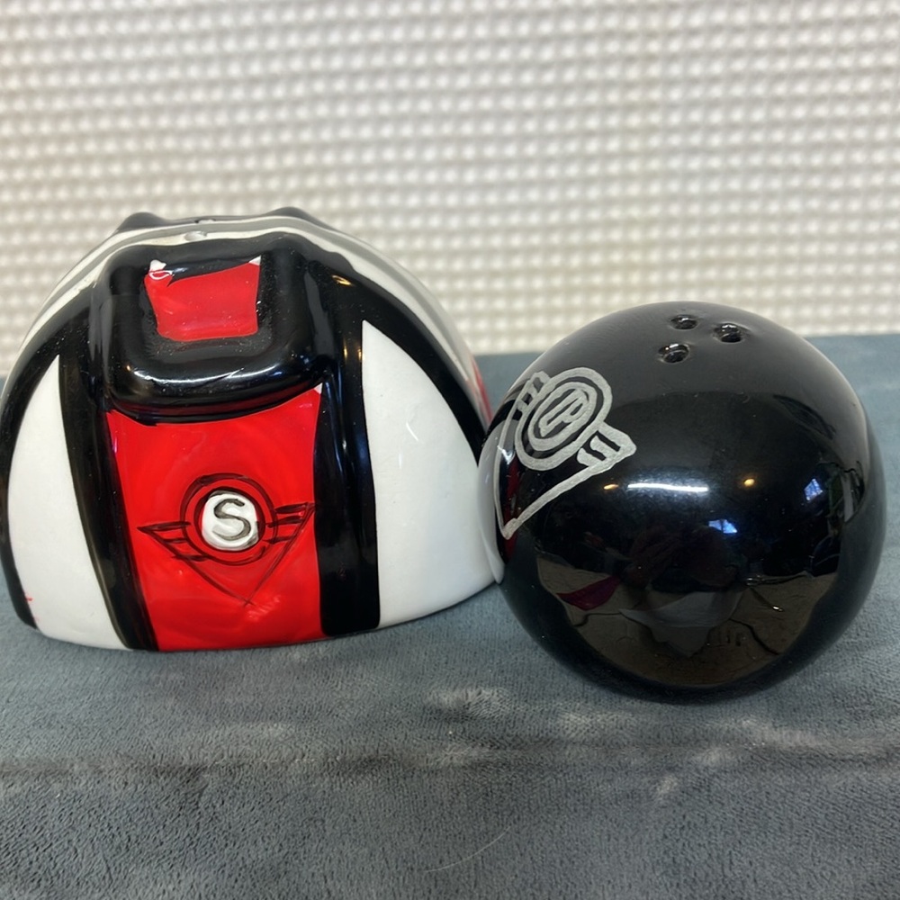 ENESCO bowling ball with bag, salt, and pepper shaker